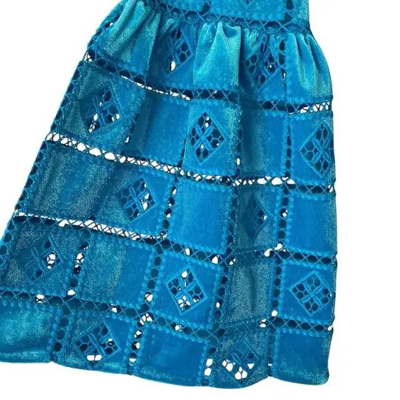 French Connection NWTs Garnet Velvet Lace Sleeve Turquoise Blue Mini Dress 4 - Picture 5 of 12